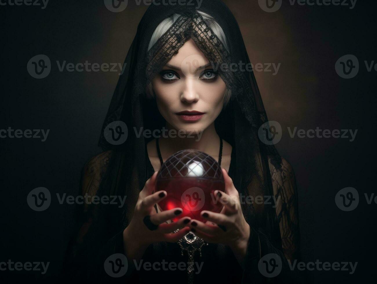 Woman telling from a crystal ball dressed as a mysterious fortune teller AI Generative photo
