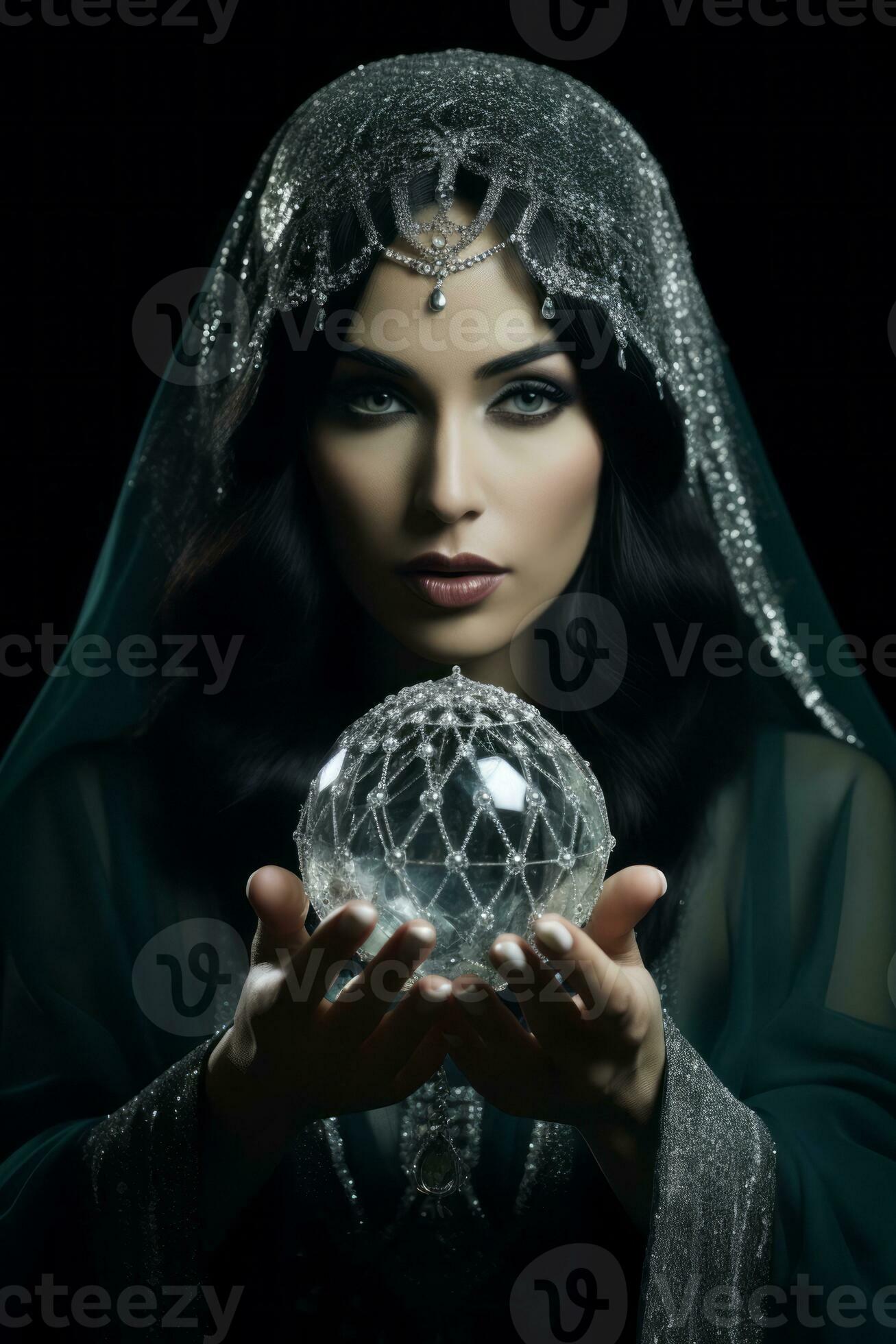 Woman telling from a crystal ball dressed as a mysterious fortune teller AI Generative 28918979