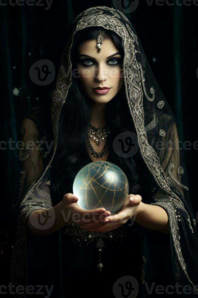 Woman telling from a crystal ball dressed as a mysterious fortune teller AI Generative photo