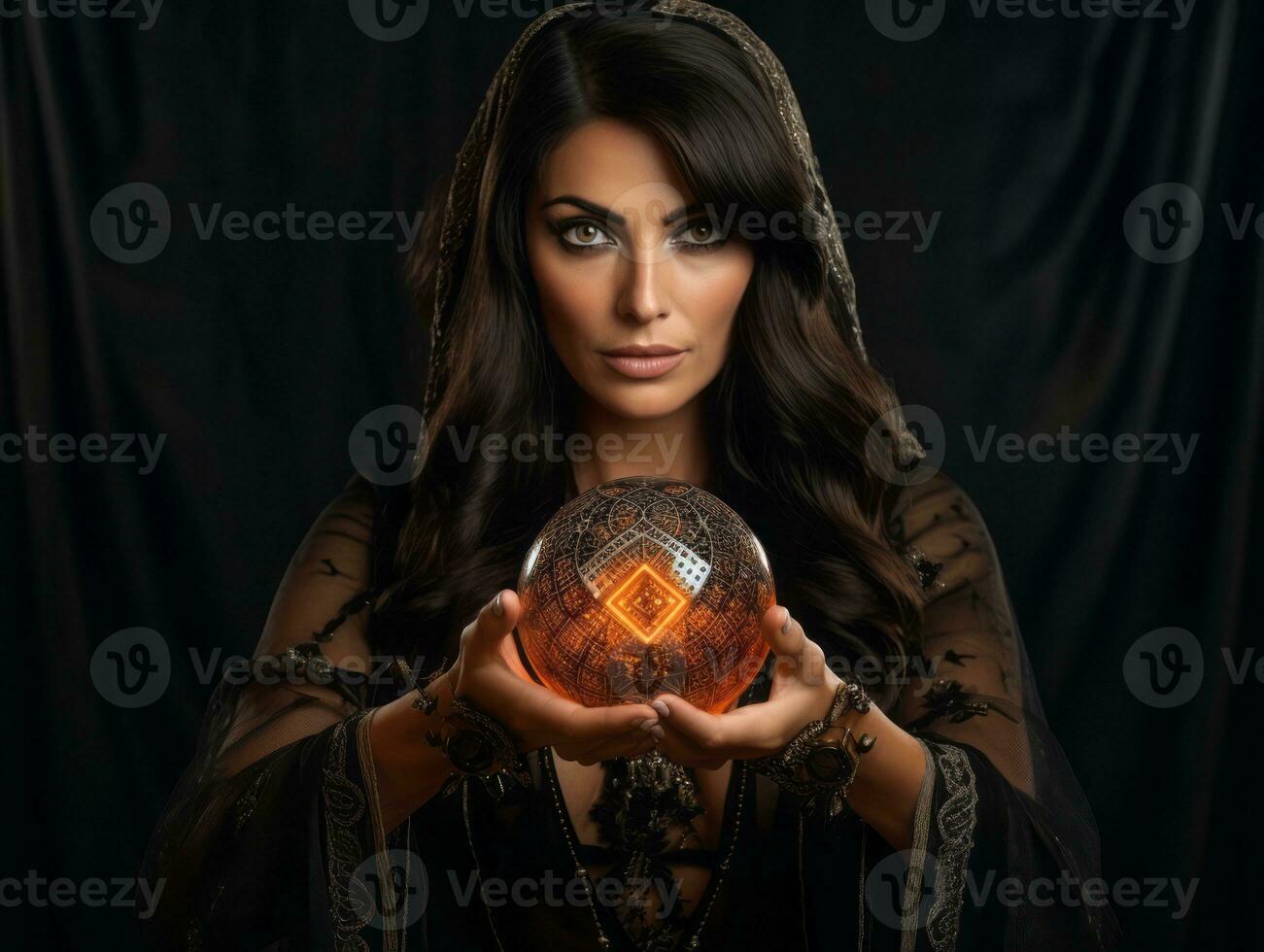 Woman telling from a crystal ball dressed as a mysterious fortune teller AI Generative photo