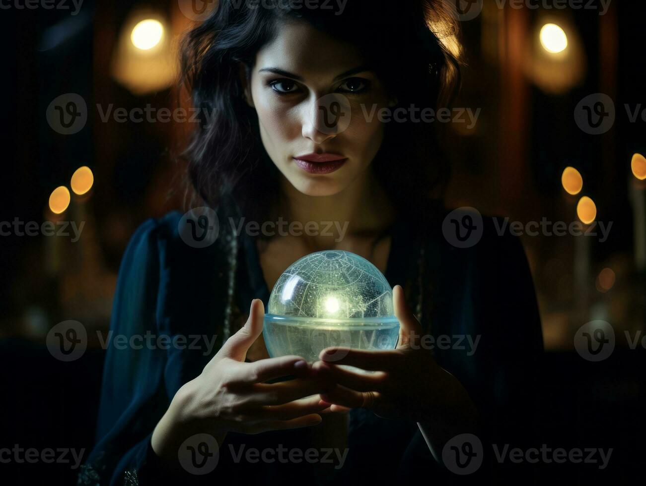 Woman telling from a crystal ball dressed as a mysterious fortune teller AI Generative photo