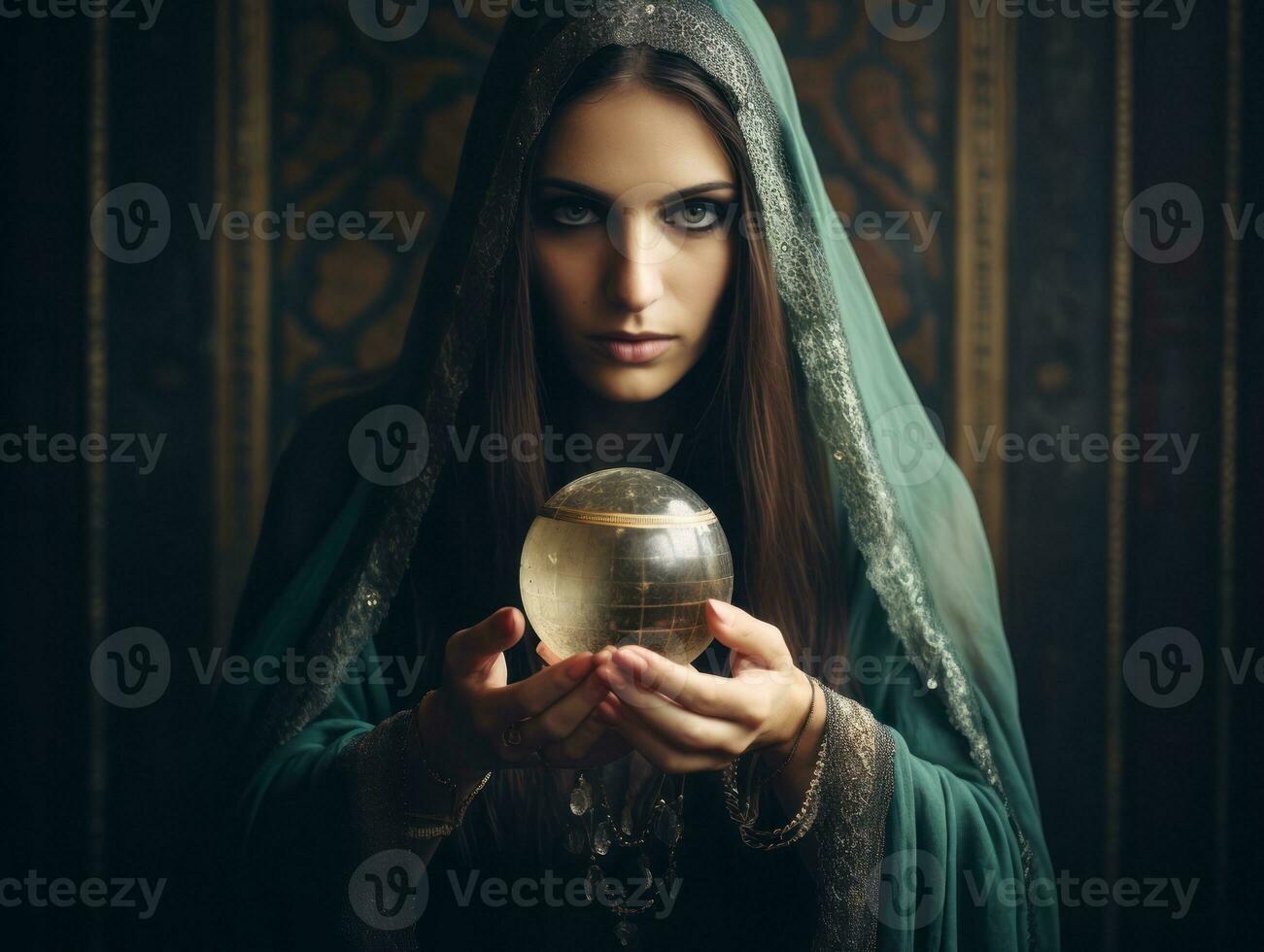 Woman telling from a crystal ball dressed as a mysterious fortune teller AI Generative photo