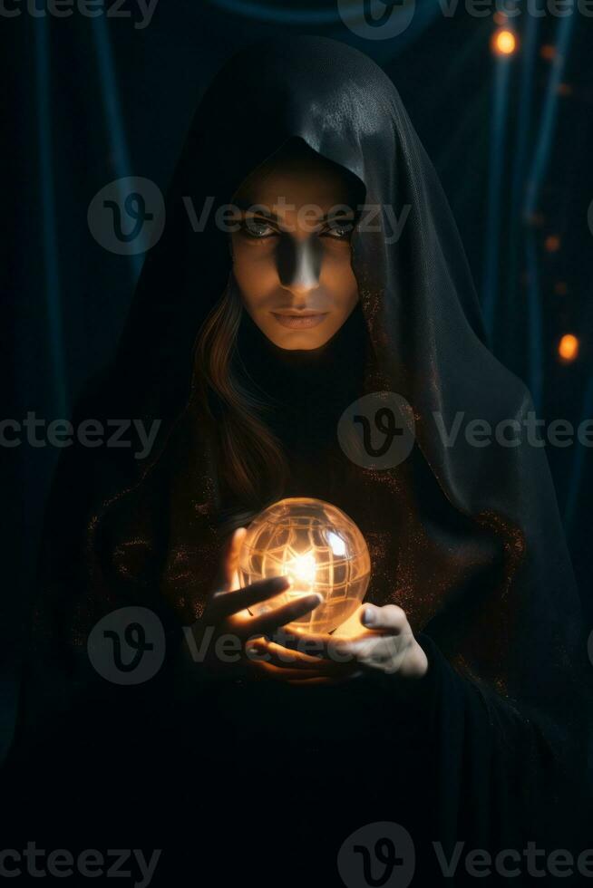 Woman telling from a crystal ball dressed as a mysterious fortune teller AI Generative photo