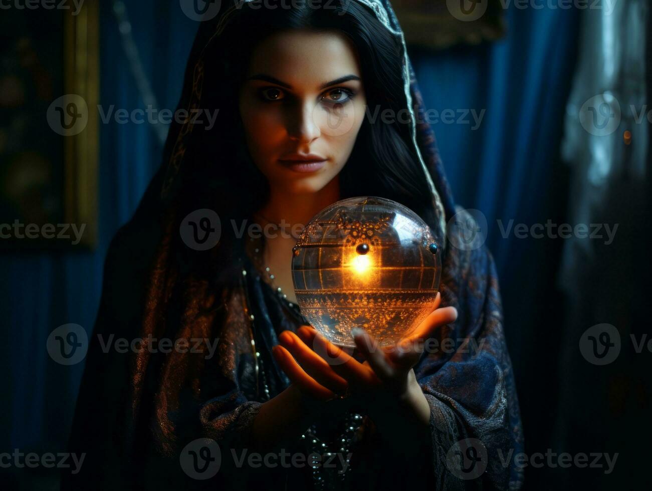 Woman telling from a crystal ball dressed as a mysterious fortune teller AI Generative photo