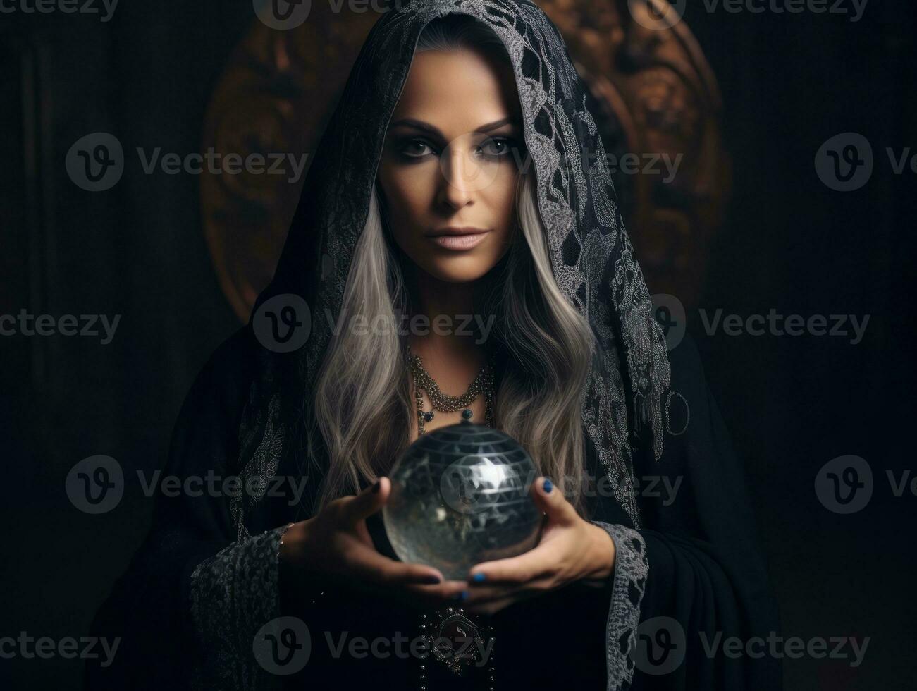Woman telling from a crystal ball dressed as a mysterious fortune teller AI Generative photo