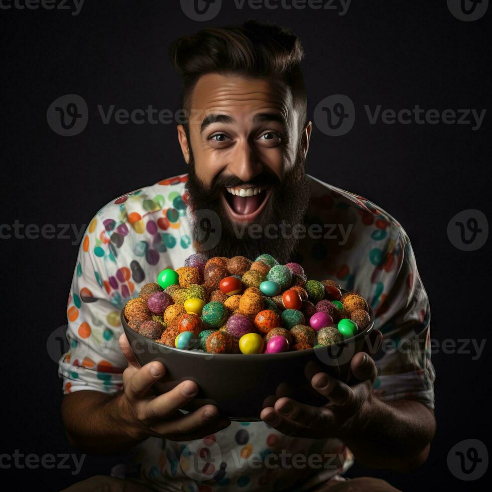 hombre en Víspera de Todos los Santos disfraz participación un cuenco de caramelo con dañoso mueca ai generativo foto