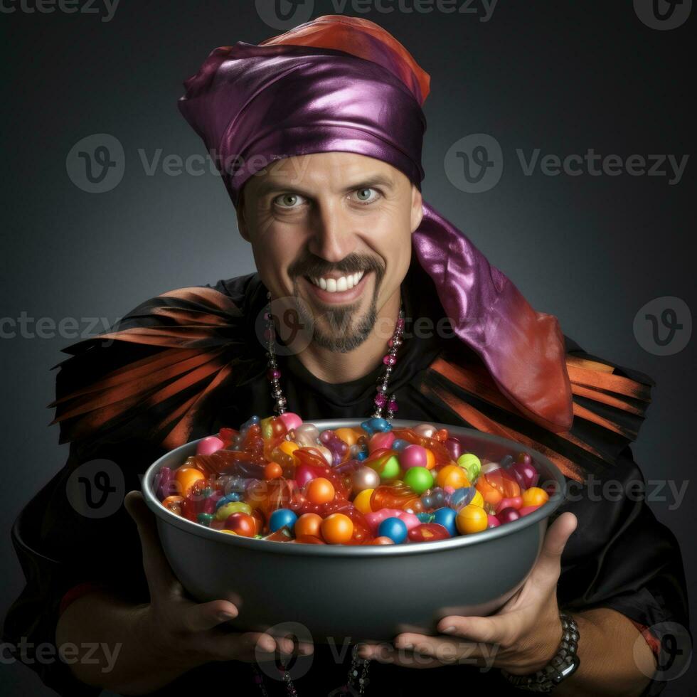 Man in Halloween costume holding a bowl of candy with mischievous grin AI Generative photo