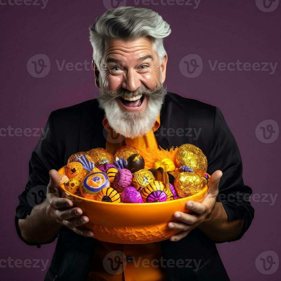Man in Halloween costume holding a bowl of candy with mischievous grin AI Generative photo
