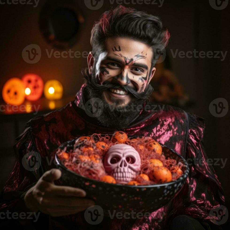 Man in Halloween costume holding a bowl of candy with mischievous grin AI Generative photo