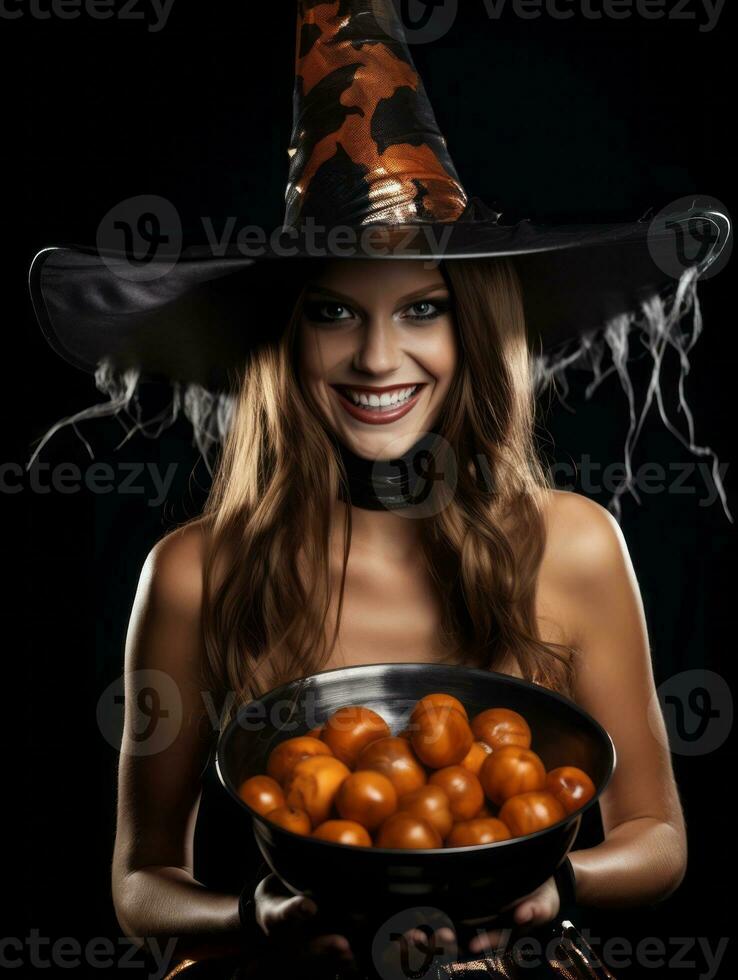 Woman in a Halloween costume holding a bowl of candy with mischievous grin AI Generative photo