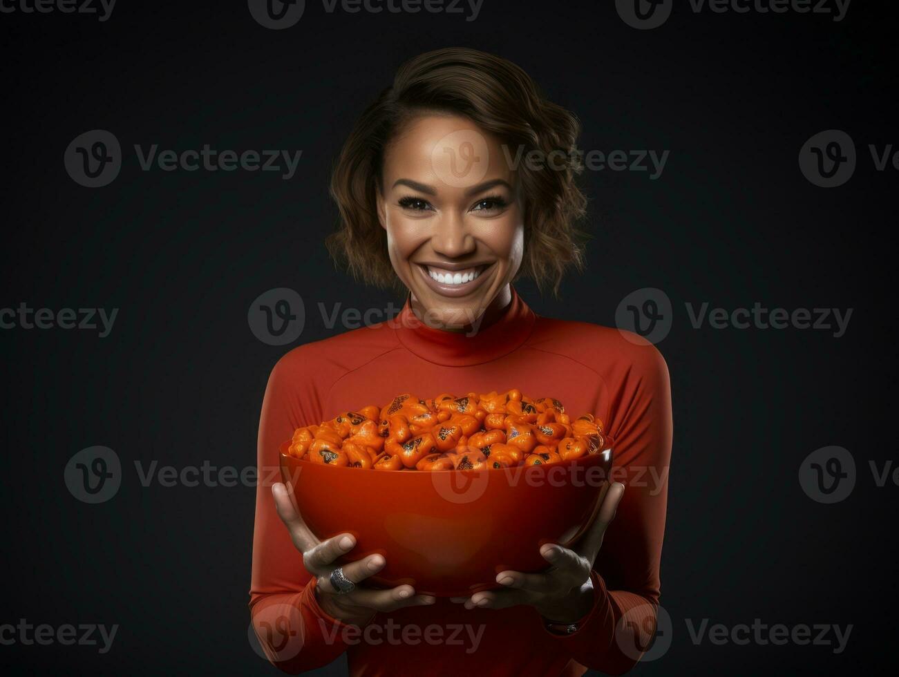 Woman in a Halloween costume holding a bowl of candy with mischievous grin AI Generative photo