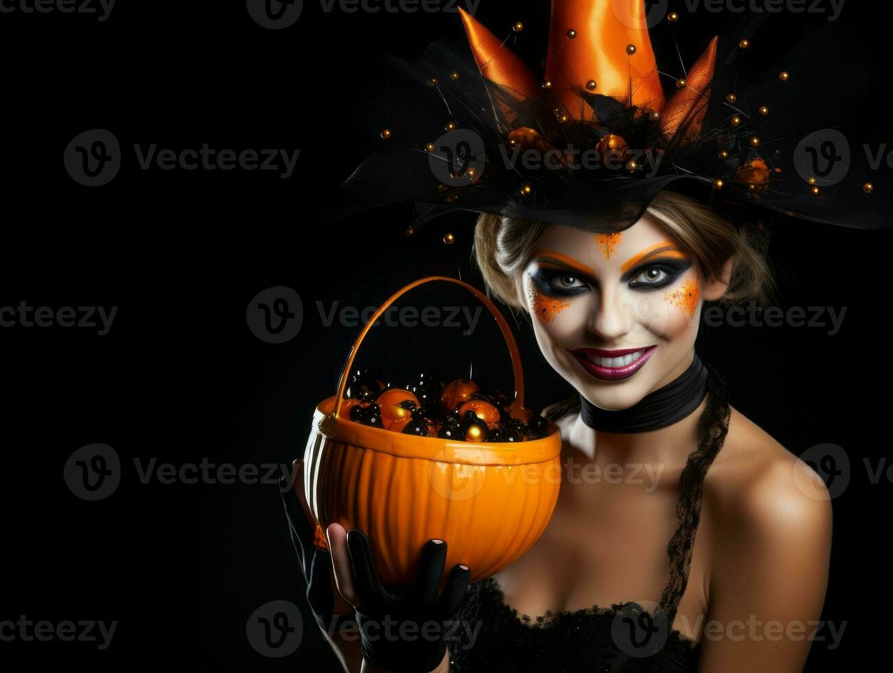 Woman in a Halloween costume holding a bowl of candy with mischievous grin AI Generative photo