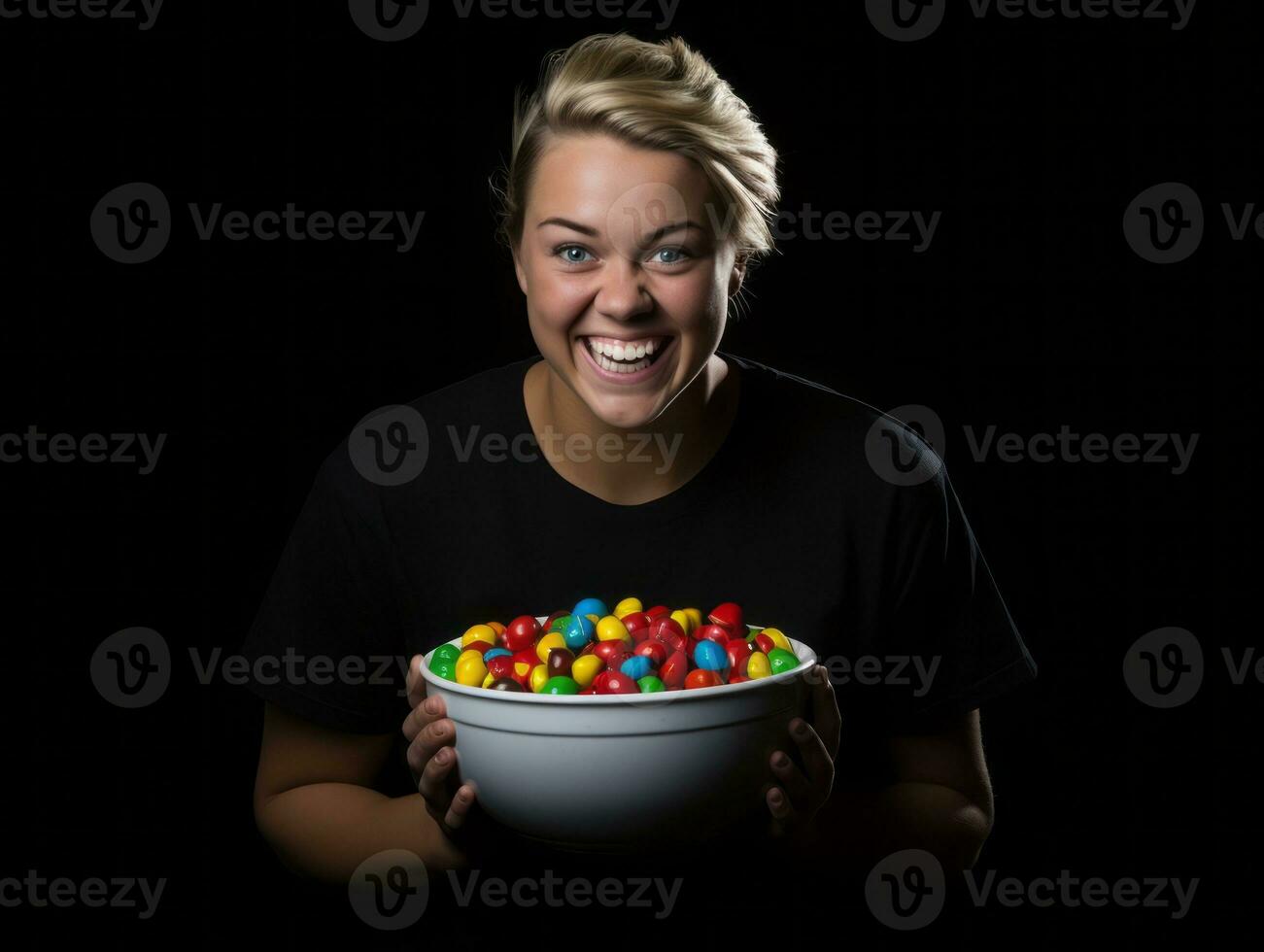 Woman in a Halloween costume holding a bowl of candy with mischievous grin AI Generative photo