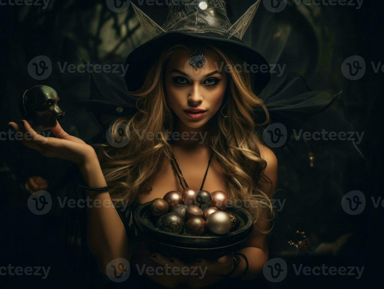 Woman in a Halloween costume holding a bowl of candy with mischievous grin AI Generative photo
