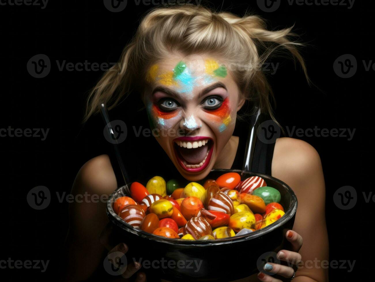 Woman in a Halloween costume holding a bowl of candy with mischievous grin AI Generative photo