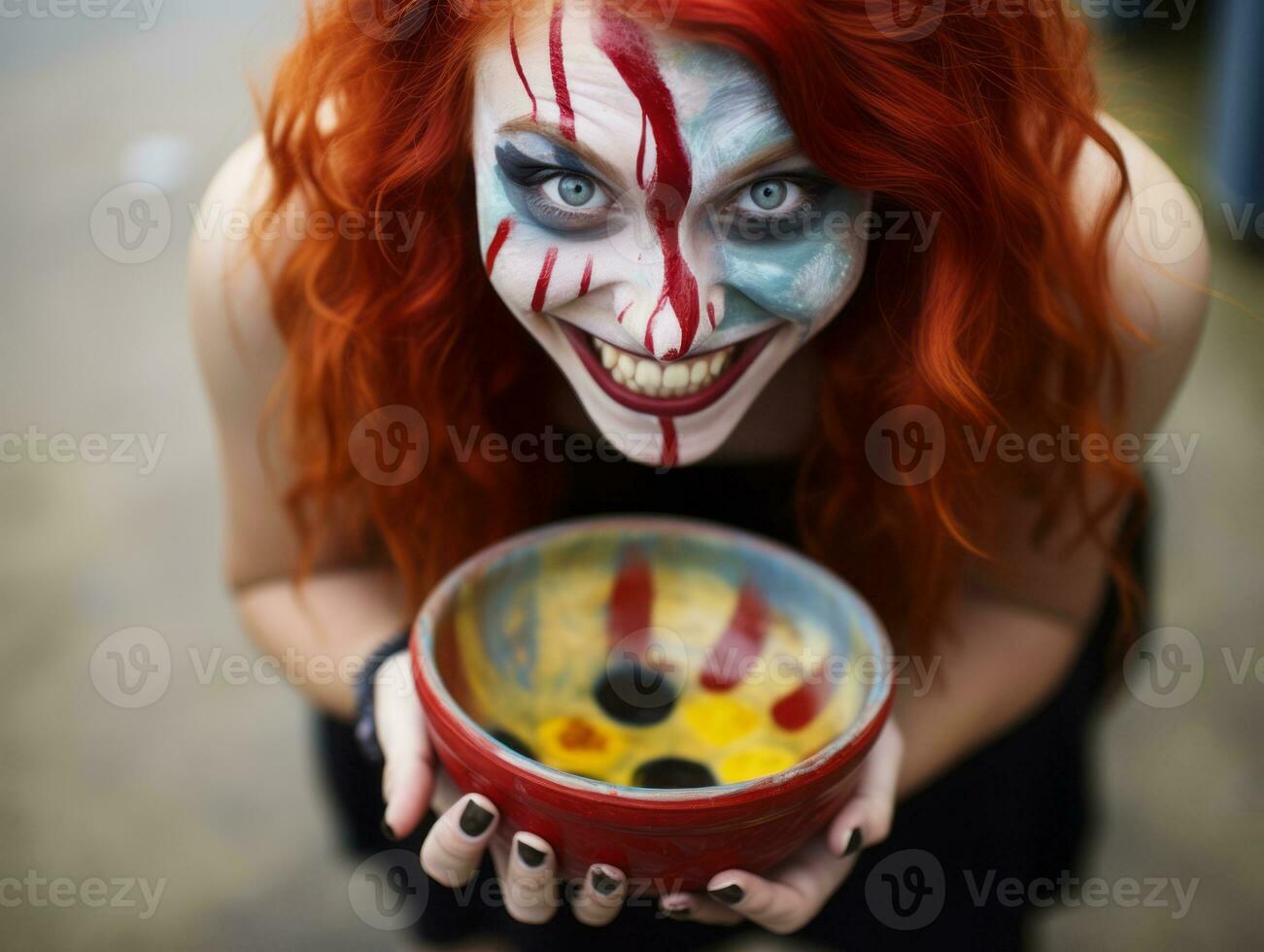 Woman in a Halloween costume holding a bowl of candy with mischievous grin AI Generative photo