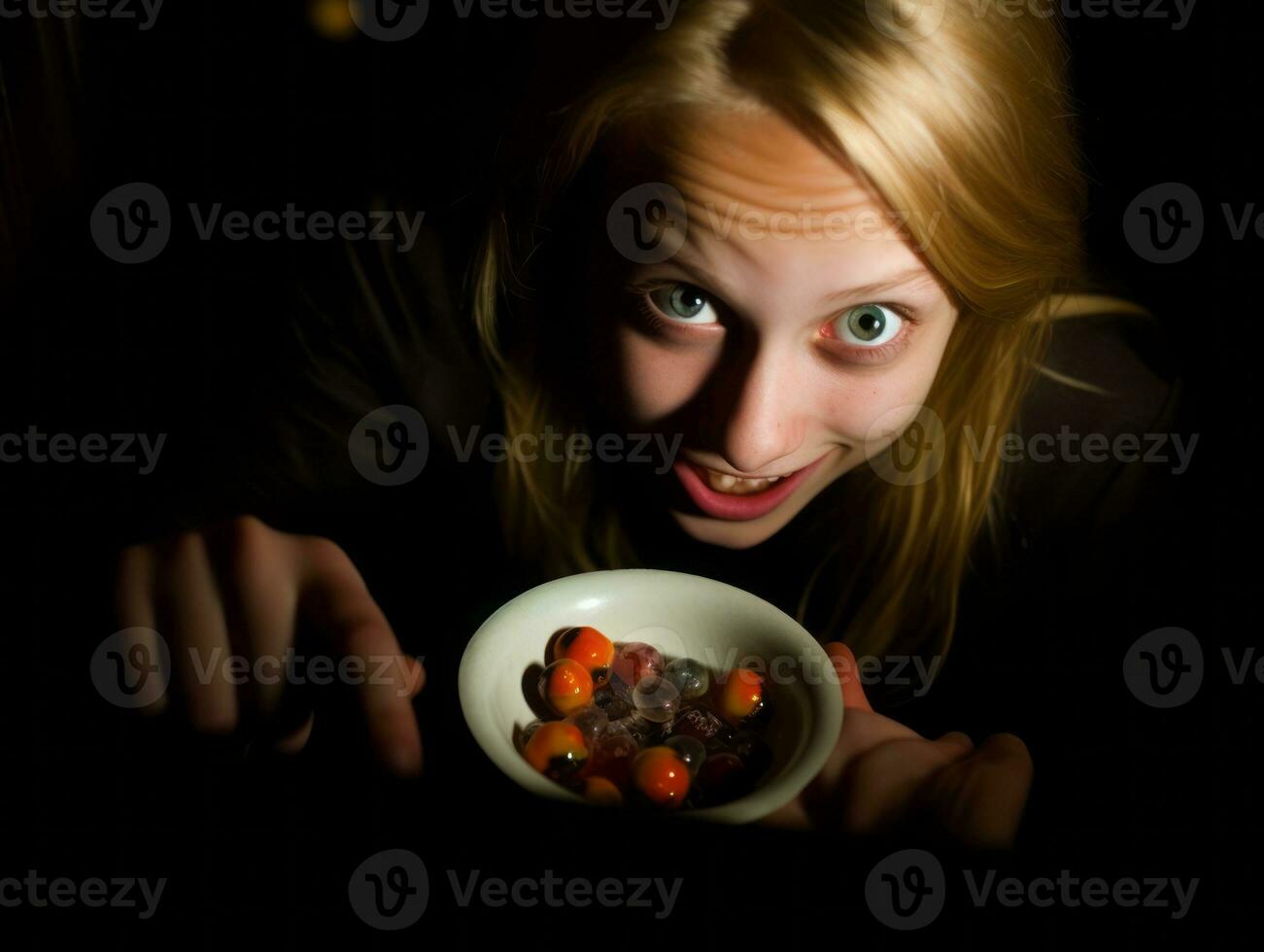 Woman in a Halloween costume holding a bowl of candy with mischievous grin AI Generative photo