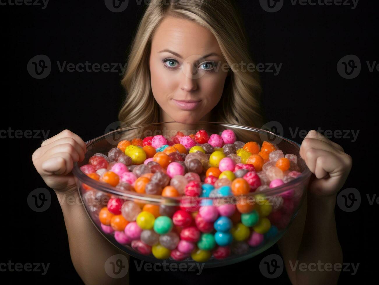 Woman in a Halloween costume holding a bowl of candy with mischievous grin AI Generative photo