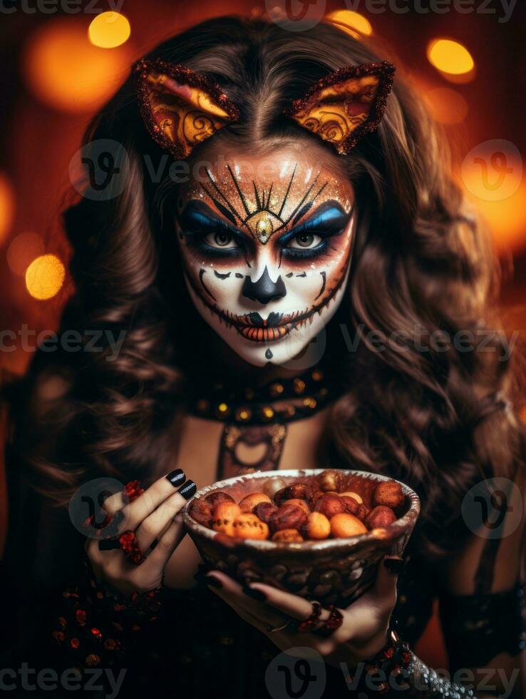 Woman in a Halloween costume holding a bowl of candy with mischievous grin AI Generative photo