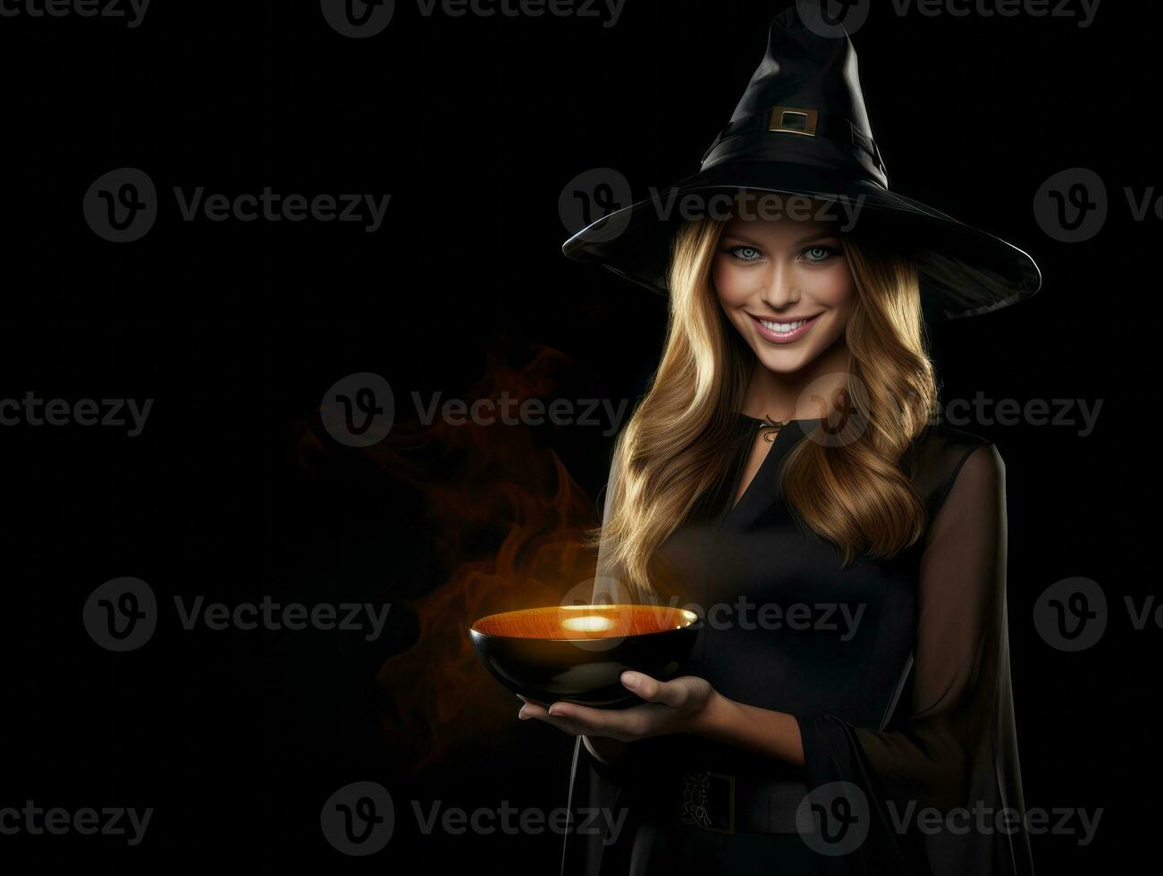 Woman in a Halloween costume holding a bowl of candy with mischievous grin AI Generative photo