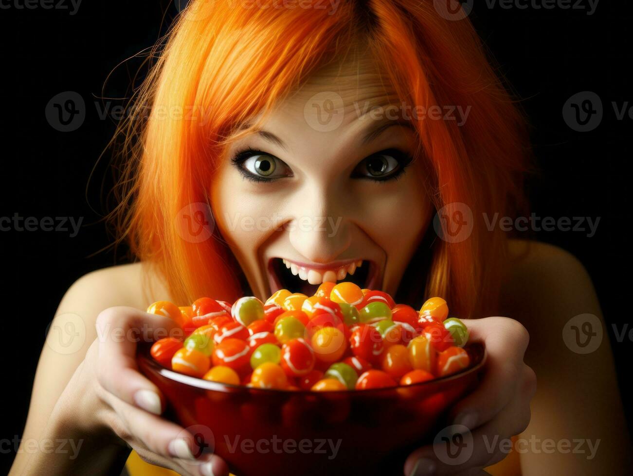 Woman in a Halloween costume holding a bowl of candy with mischievous grin AI Generative photo