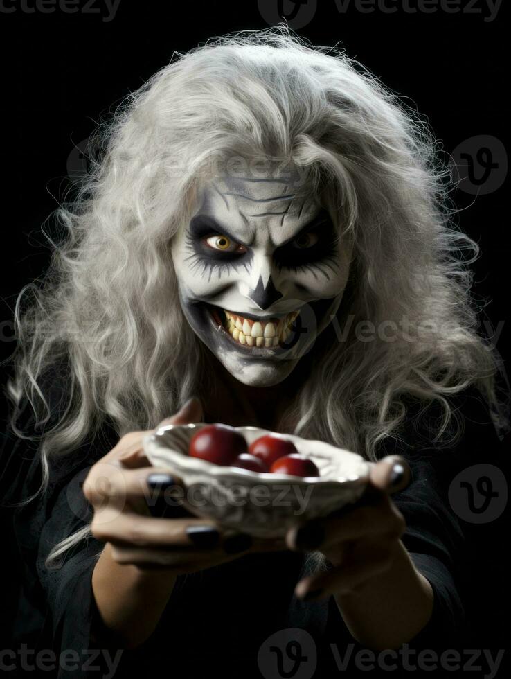 Woman in a Halloween costume holding a bowl of candy with mischievous grin AI Generative photo