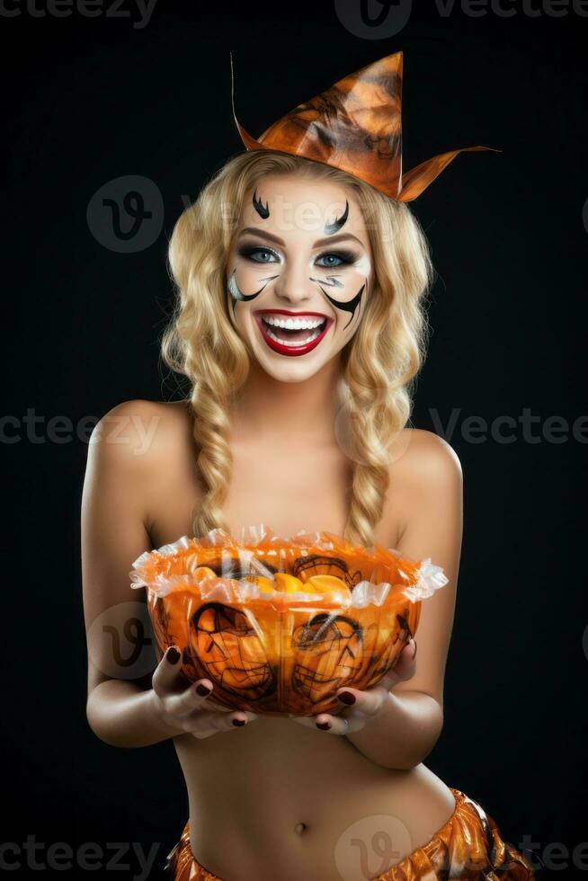 Woman in a Halloween costume holding a bowl of candy with mischievous grin AI Generative photo