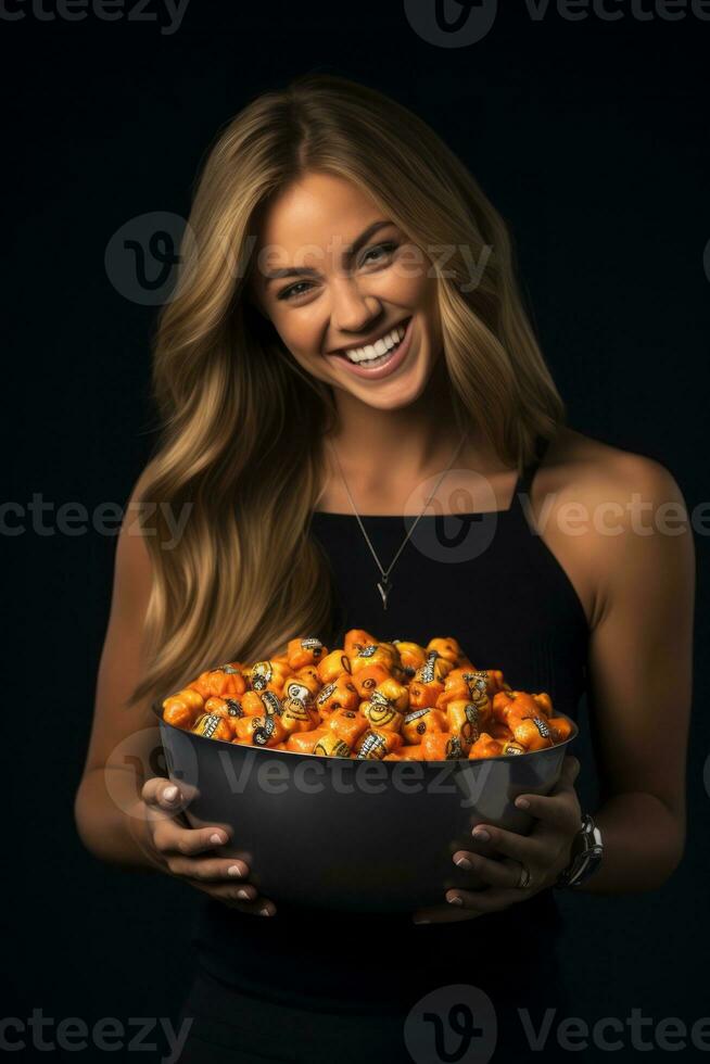 Woman in a Halloween costume holding a bowl of candy with mischievous grin AI Generative photo