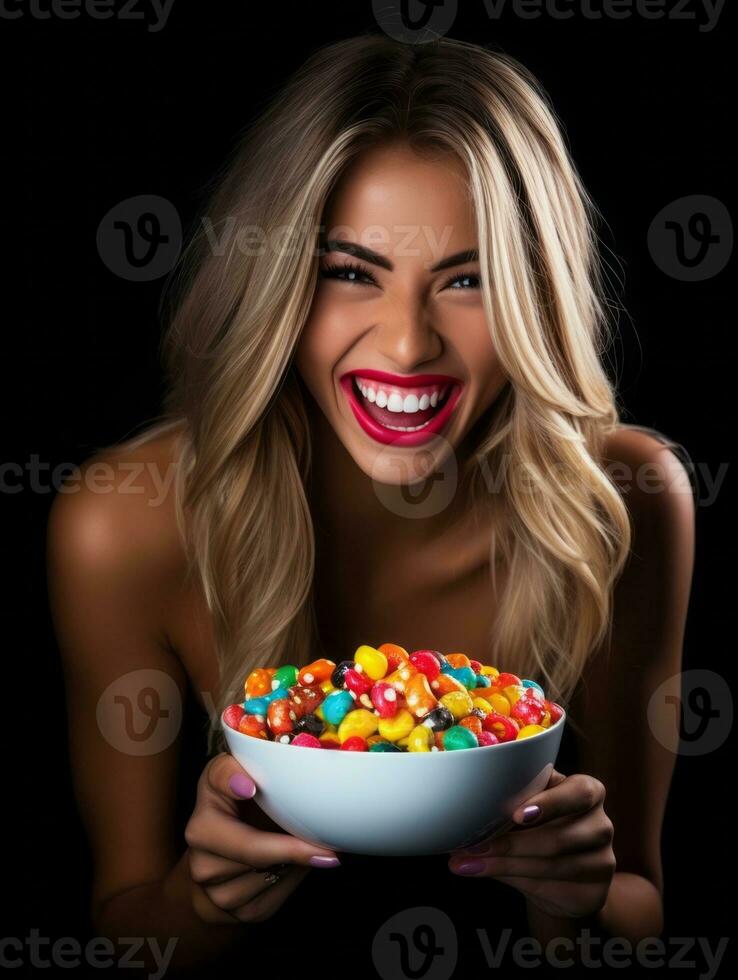 Woman in a Halloween costume holding a bowl of candy with mischievous grin AI Generative photo