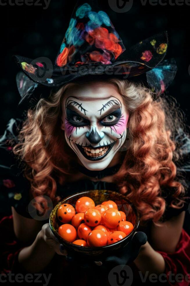 Woman in a Halloween costume holding a bowl of candy with mischievous grin AI Generative photo