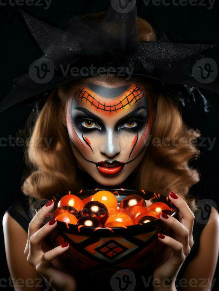 Woman in a Halloween costume holding a bowl of candy with mischievous grin AI Generative photo