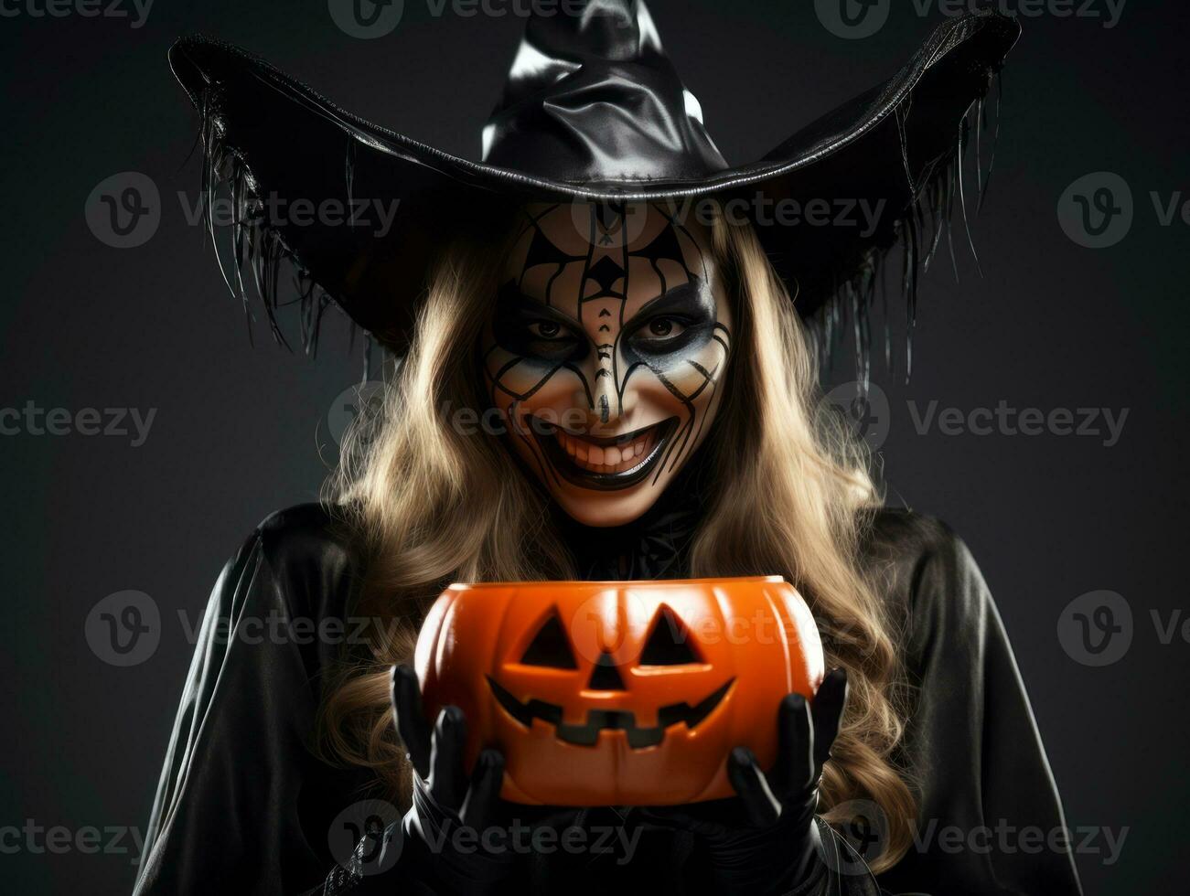 Woman in a Halloween costume holding a bowl of candy with mischievous grin AI Generative photo