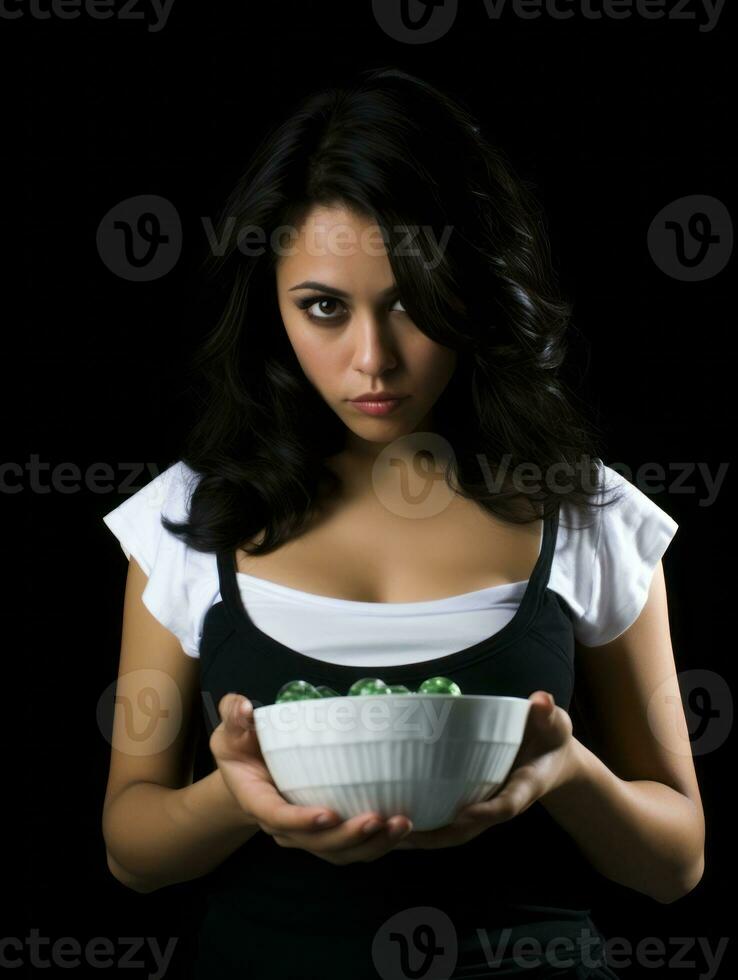 Woman in a Halloween costume holding a bowl of candy with mischievous grin AI Generative photo