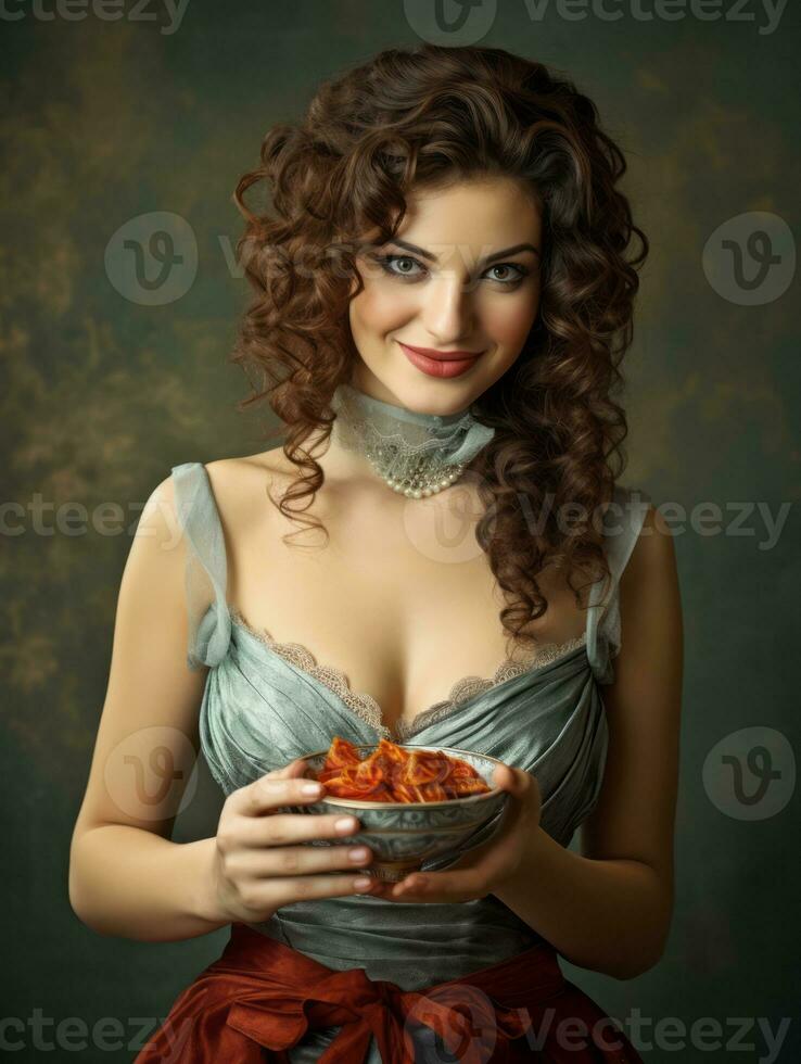 Woman in a Halloween costume holding a bowl of candy with mischievous grin AI Generative photo