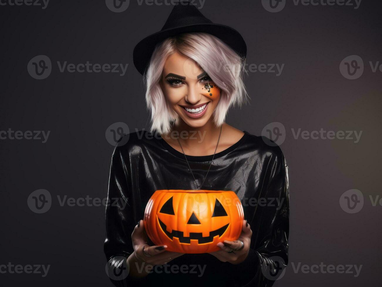 Woman in a Halloween costume holding a bowl of candy with mischievous grin AI Generative photo