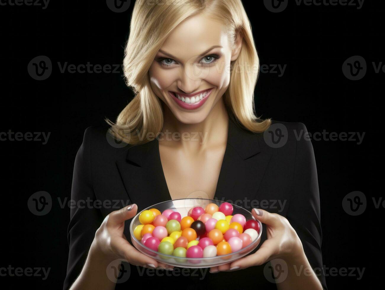 Woman in a Halloween costume holding a bowl of candy with mischievous grin AI Generative photo