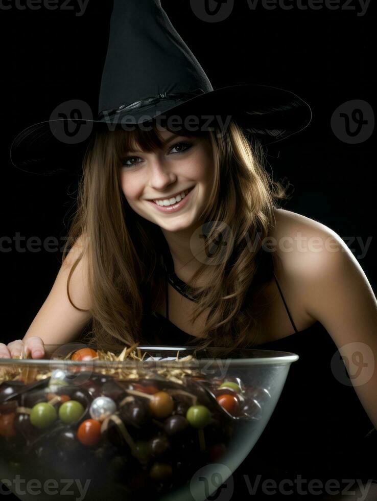 Woman in a Halloween costume holding a bowl of candy with mischievous grin AI Generative photo