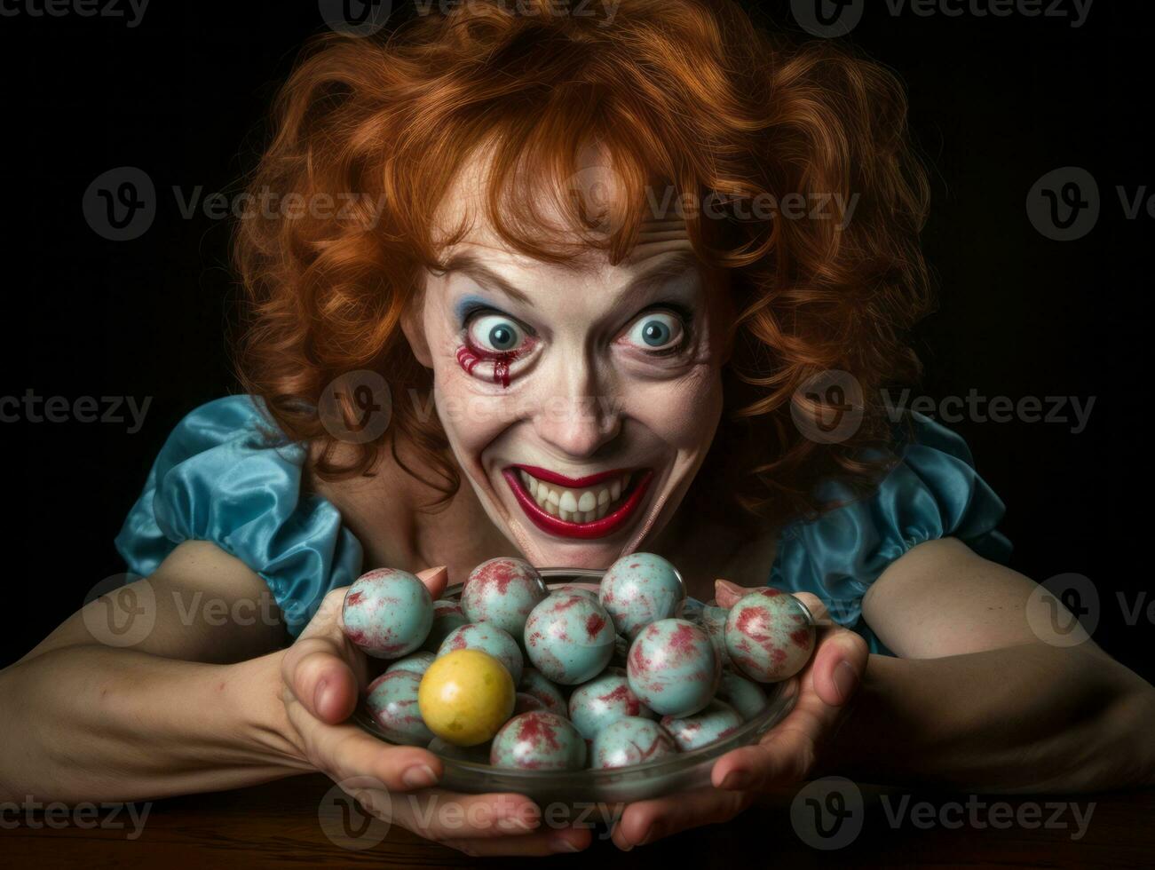 Woman in a Halloween costume holding a bowl of candy with mischievous grin AI Generative photo