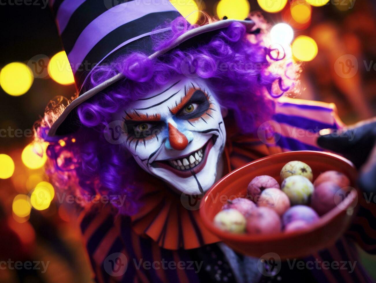 Woman in a Halloween costume holding a bowl of candy with mischievous grin AI Generative photo