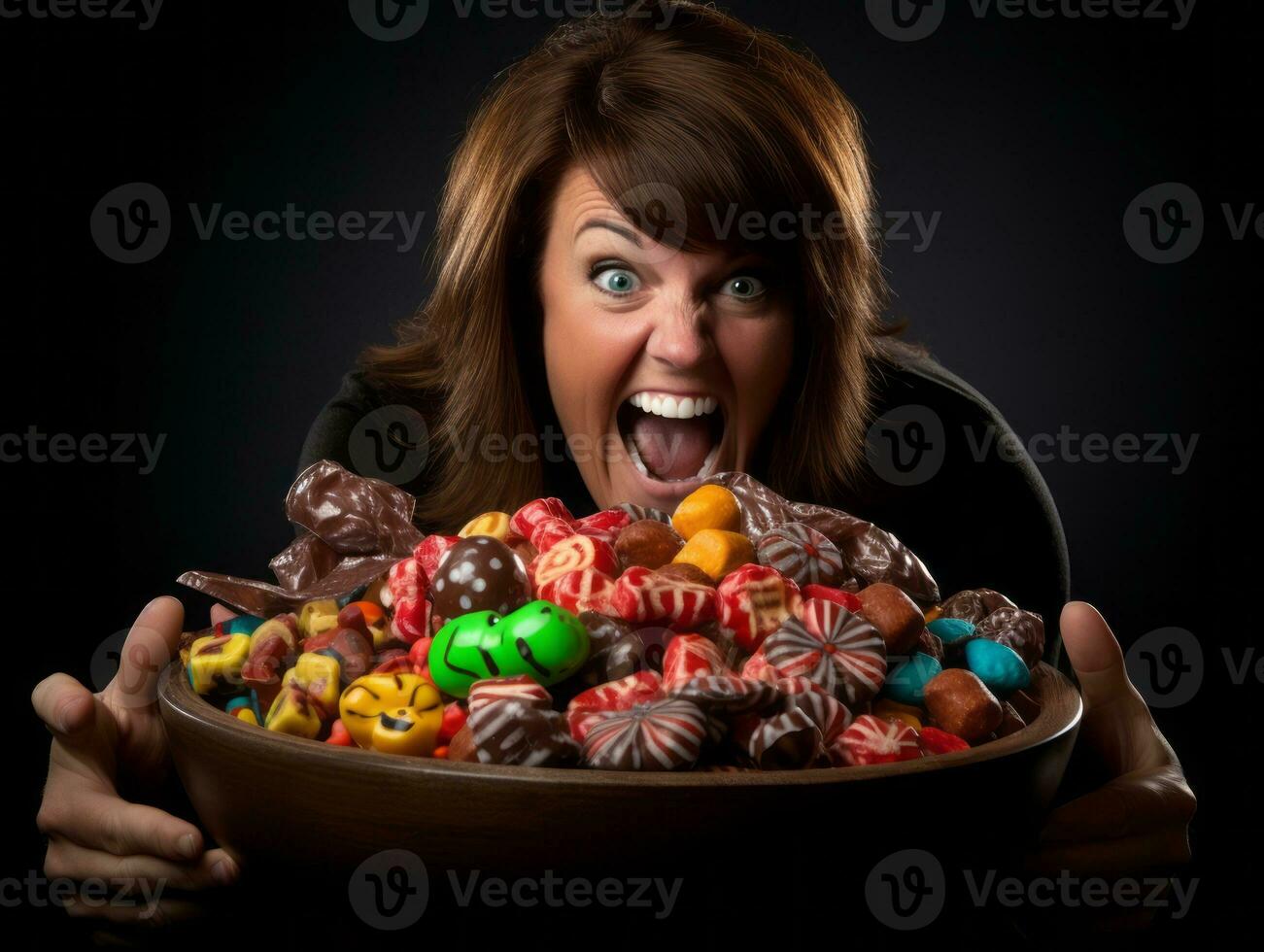 Woman in a Halloween costume holding a bowl of candy with mischievous grin AI Generative photo