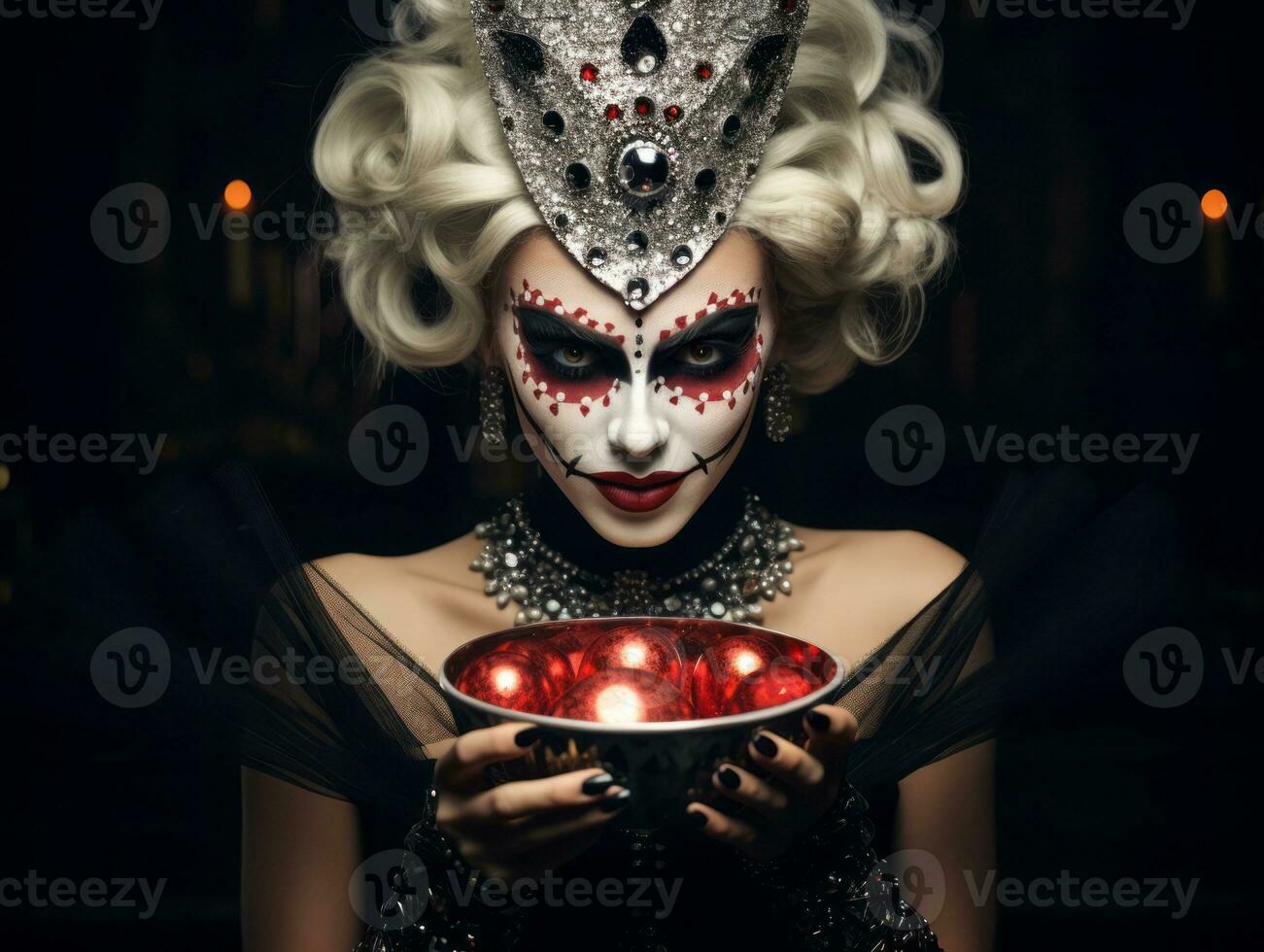 Woman in a Halloween costume holding a bowl of candy with mischievous grin AI Generative photo