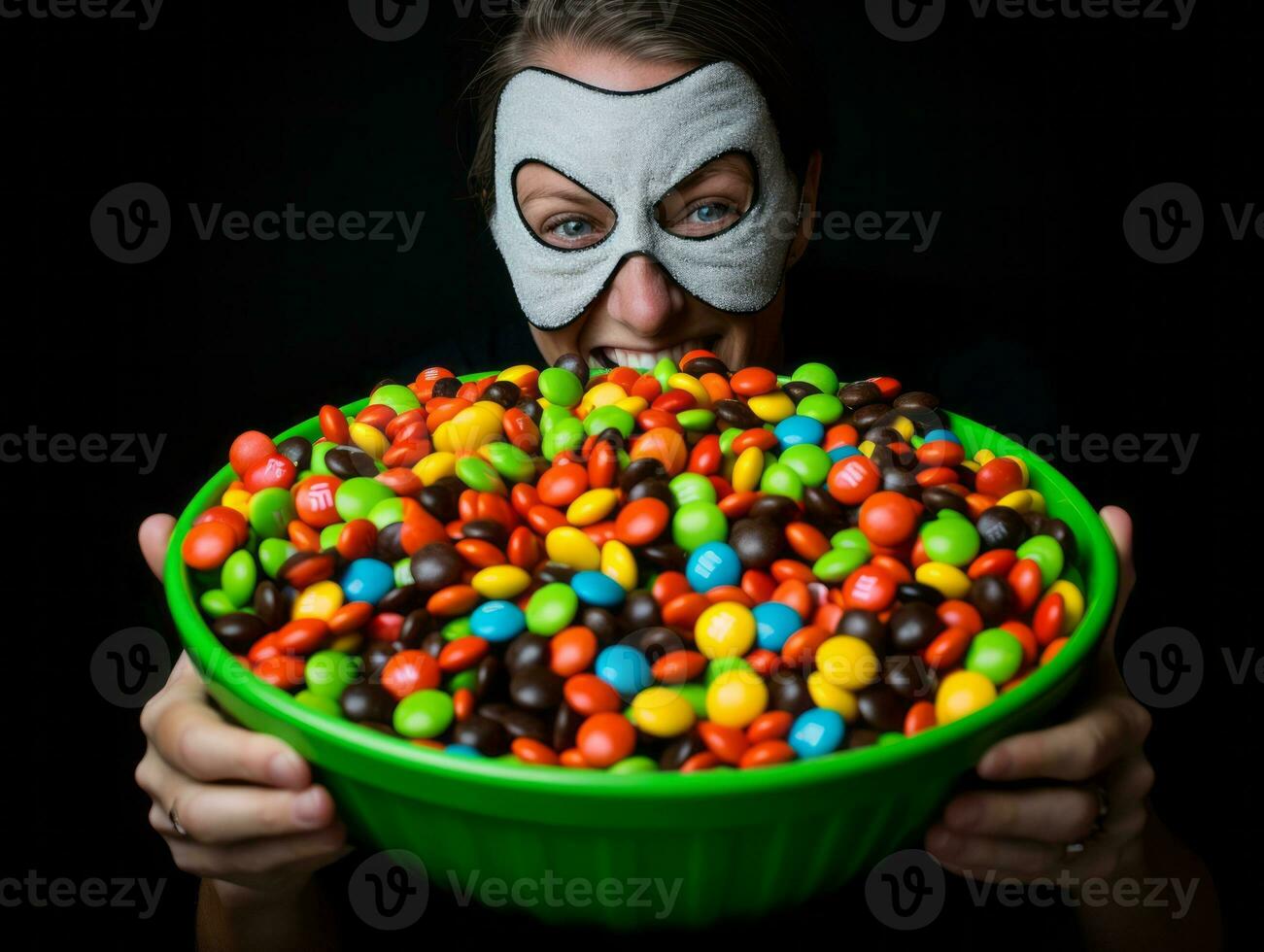 Woman in a Halloween costume holding a bowl of candy with mischievous grin AI Generative photo