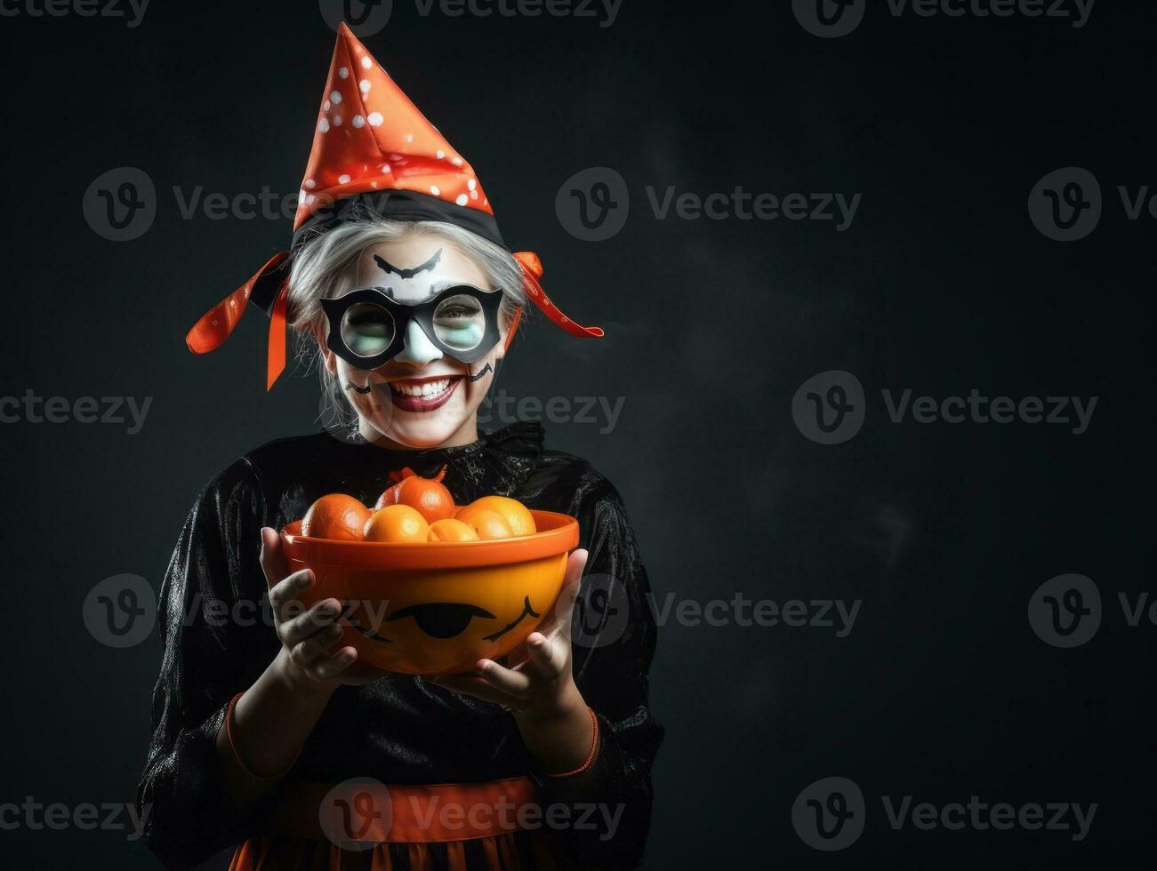 Woman in a Halloween costume holding a bowl of candy with mischievous grin AI Generative photo