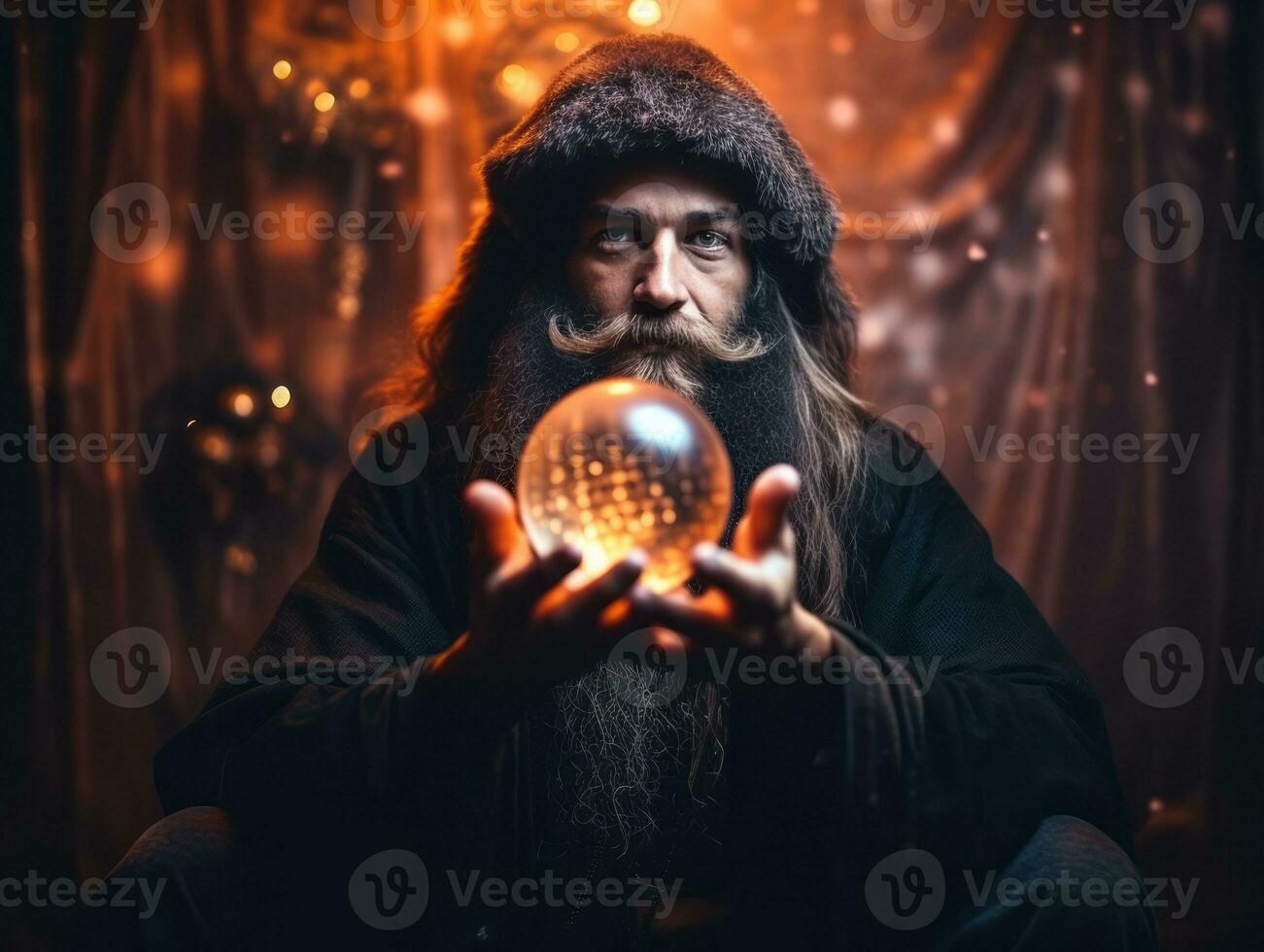 Man telling from a crystal ball dressed as a mysterious fortune teller AI Generative photo