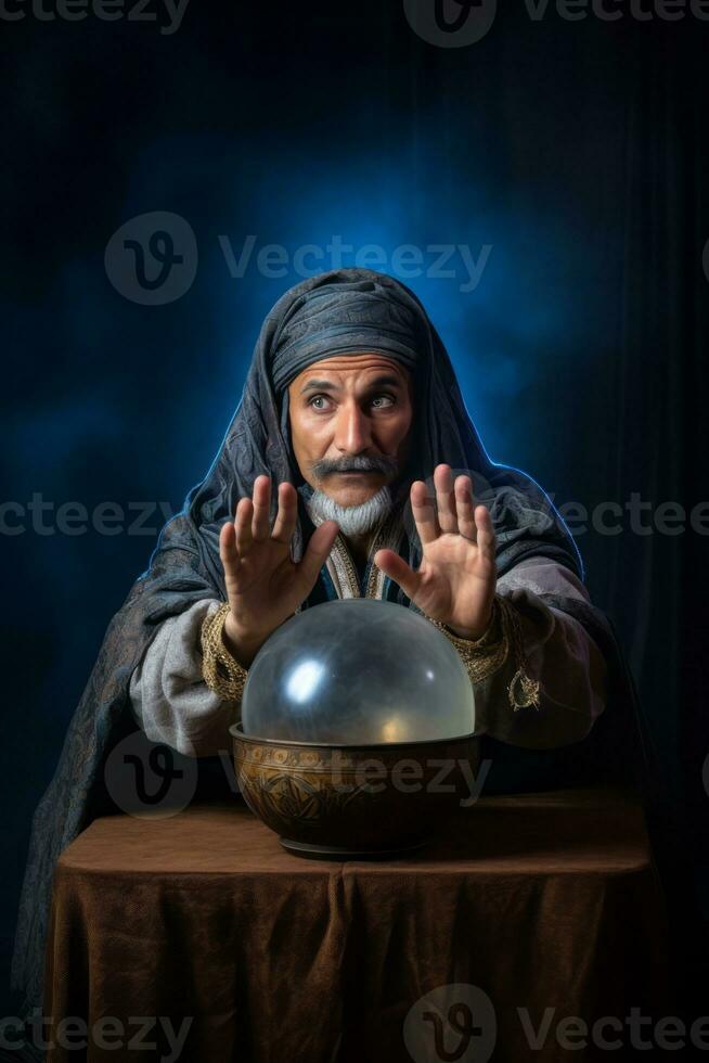 hombre narración desde un cristal pelota vestido como un misterioso fortuna cajero ai generativo foto