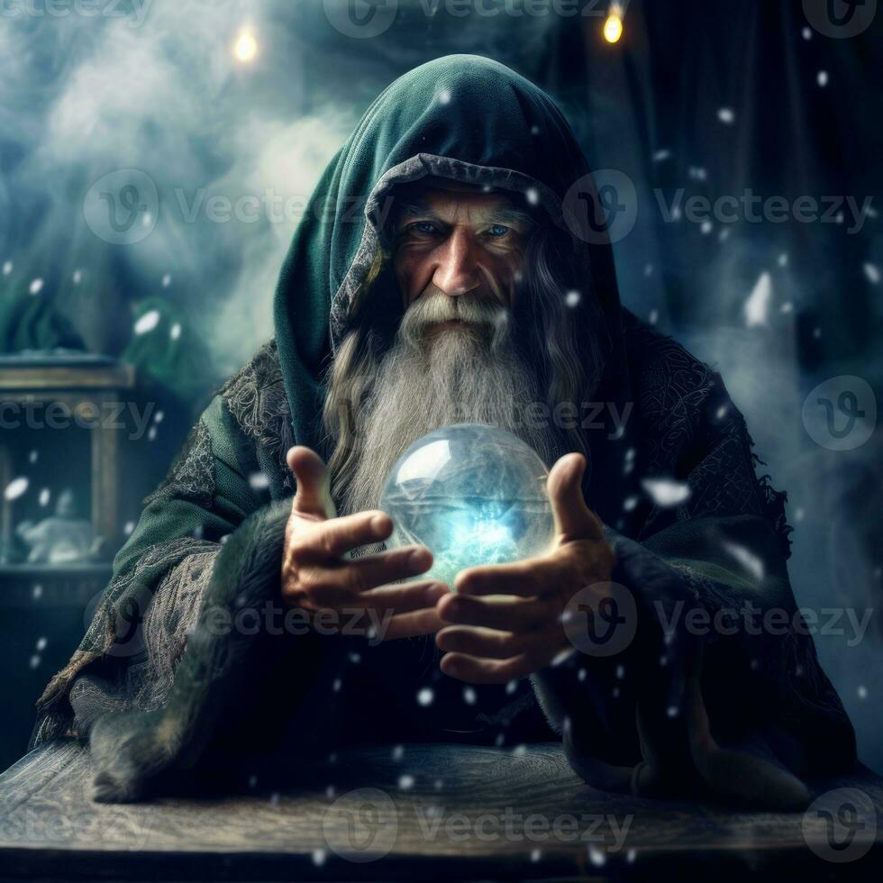 Man telling from a crystal ball dressed as a mysterious fortune teller AI Generative photo