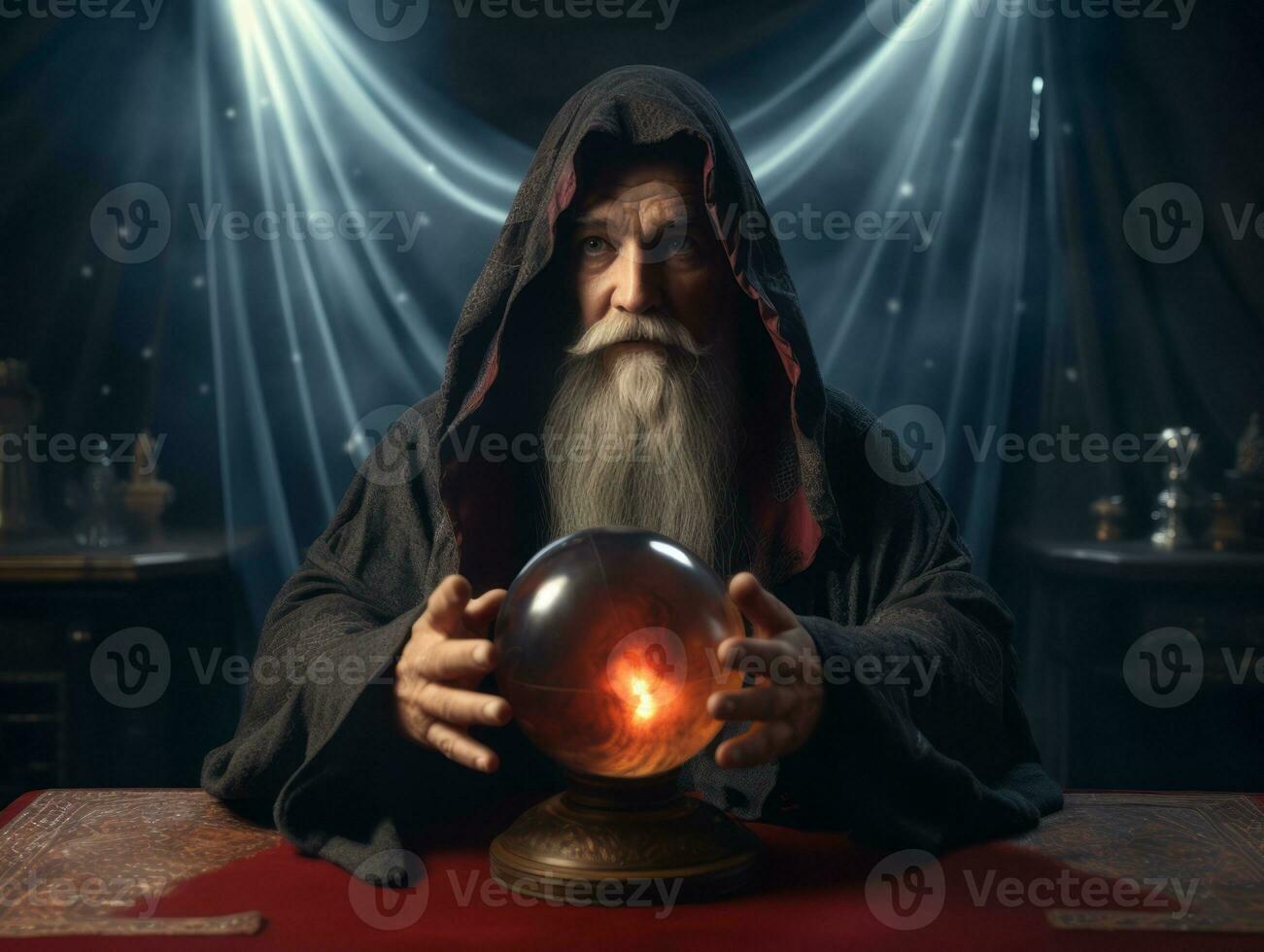 Man telling from a crystal ball dressed as a mysterious fortune teller AI Generative photo