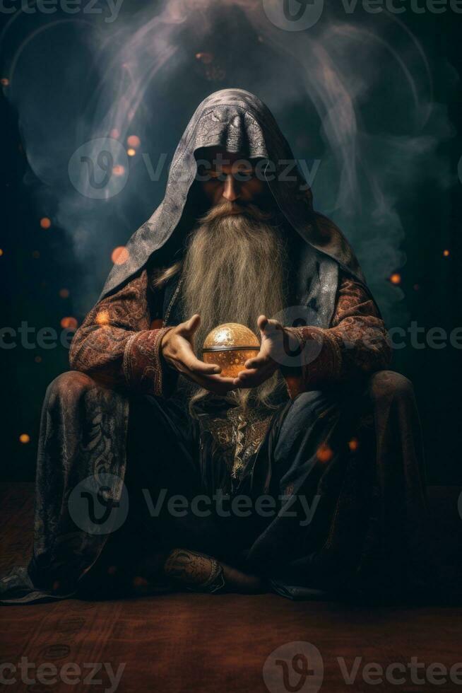 Man telling from a crystal ball dressed as a mysterious fortune teller AI Generative photo