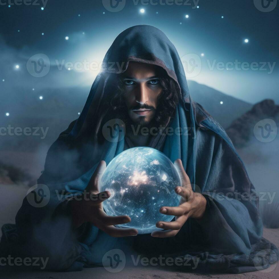 hombre narración desde un cristal pelota vestido como un misterioso fortuna cajero ai generativo foto