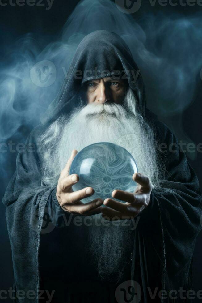 Man telling from a crystal ball dressed as a mysterious fortune teller AI Generative photo